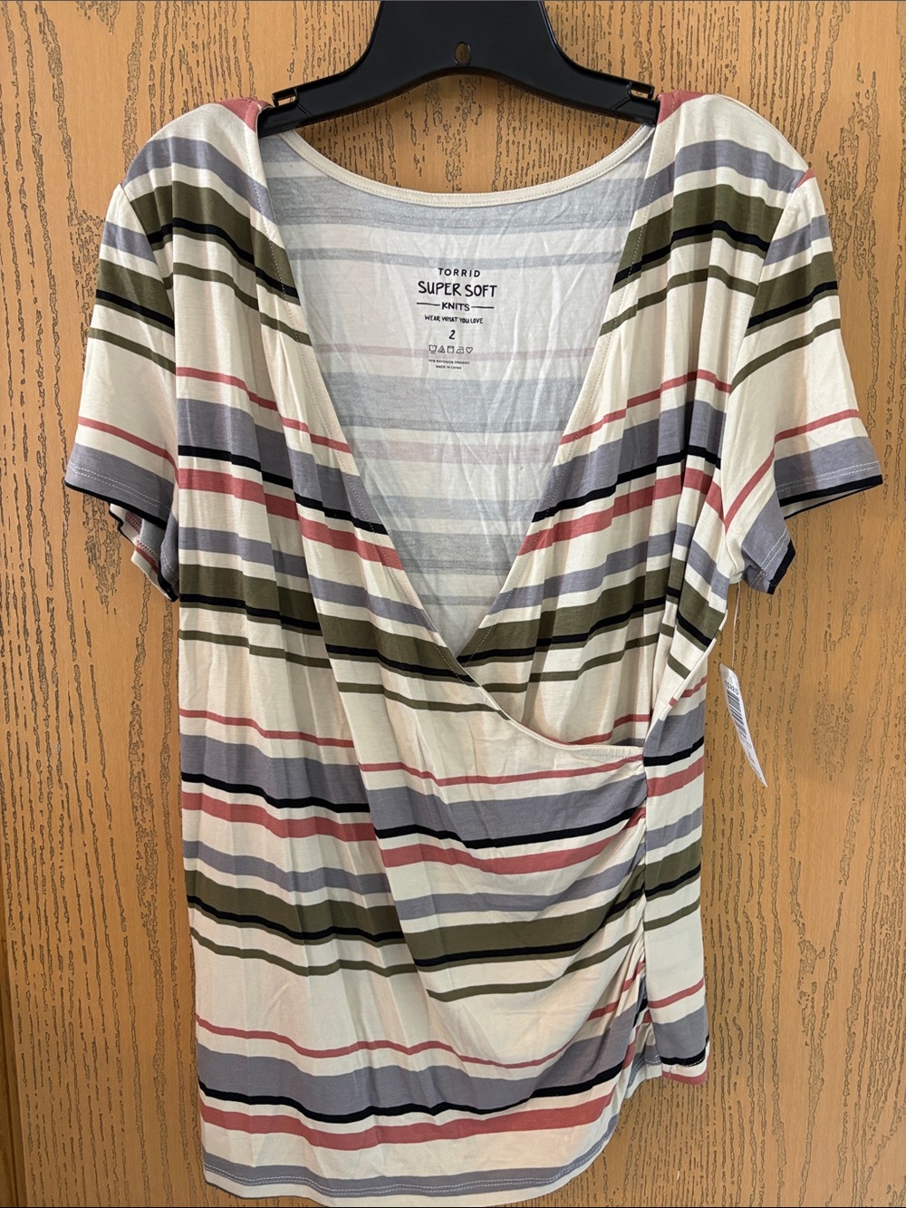torrid Cream Striped Wrap-Front Shirt with Olive, Gray & Dusty Pink